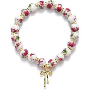 Red with Gold Flower Handmade Stretch Dainty Bead Bow Charm Bracelet for Women